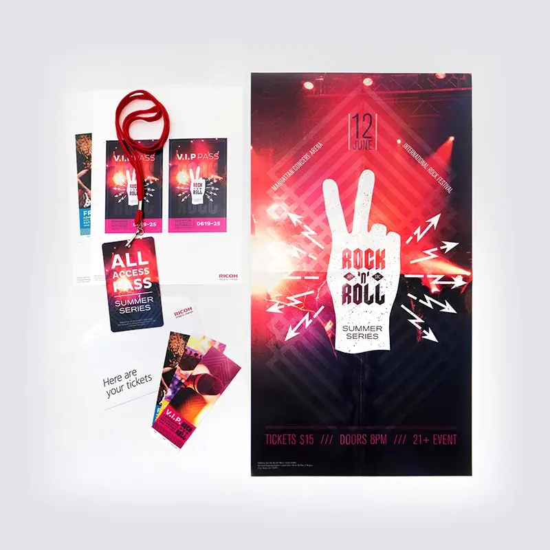 Ricoh event poster, ticket and pass samples used to illustrate security-print applications