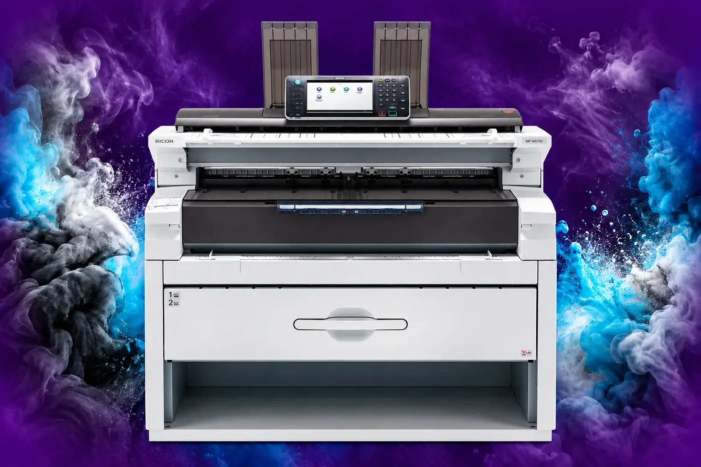 Illustration: MP W6700SP reference-based device display on a colour ink background