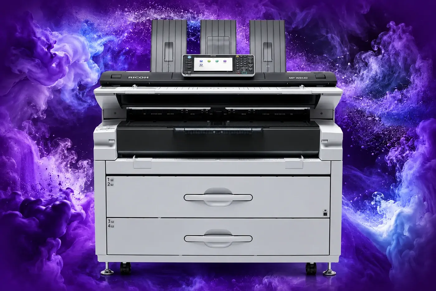 Illustration: MP W8140SP reference-based device display on a colour ink background