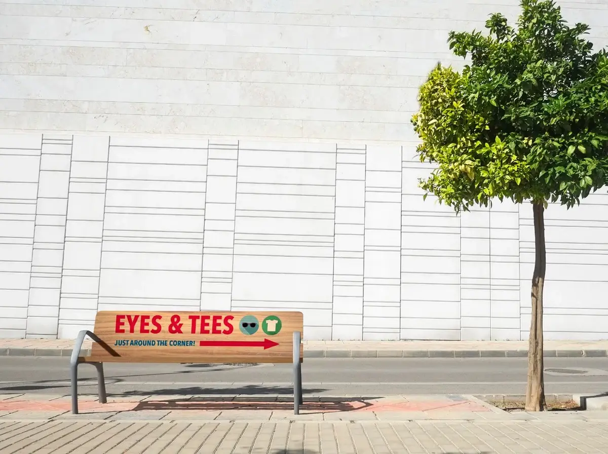 Printed outdoor wooden bench/signage application used in the original T7210 USA brochure.
