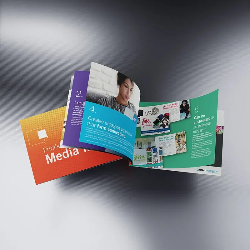 Long folded concertina brochure showing different print media and page imagery