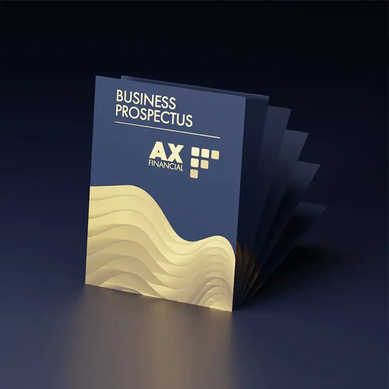 Business prospectus cover with gold-coloured design and fanned pages