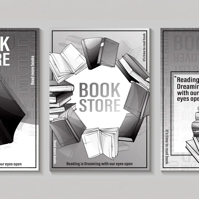 Three monochrome book-store promotional pages