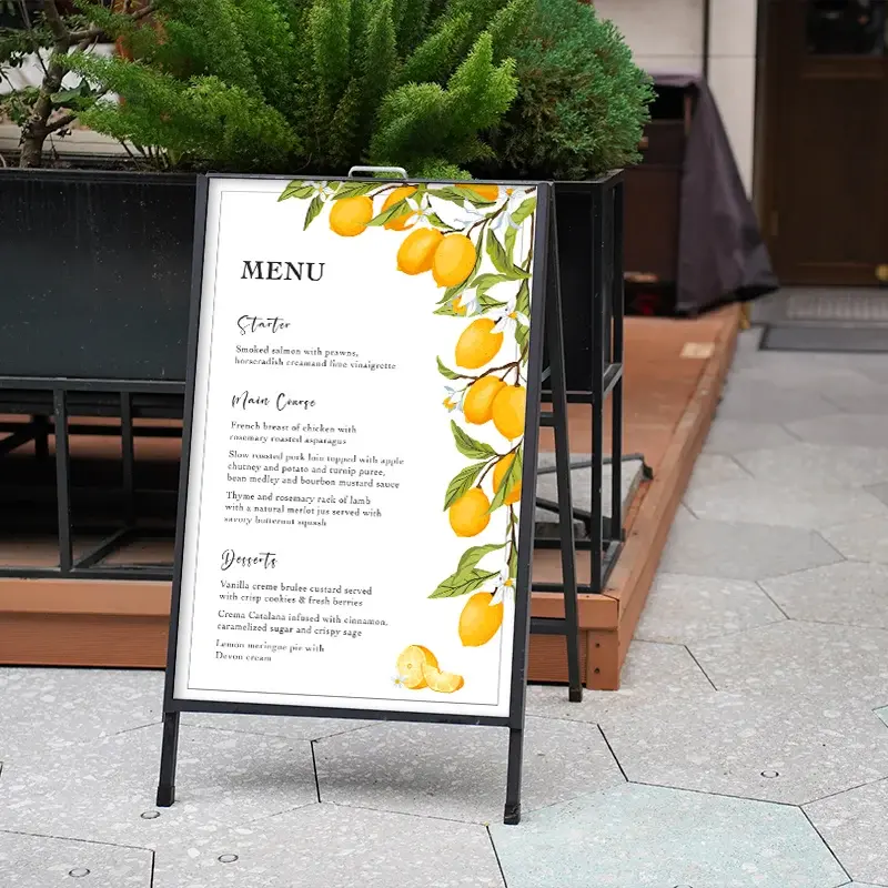Printed pavement menu board outside a cafe