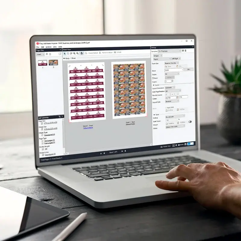 Laptop displaying Fiery print imposition software
