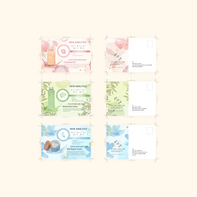 Front/back postcard or mailer samples illustrating print registration