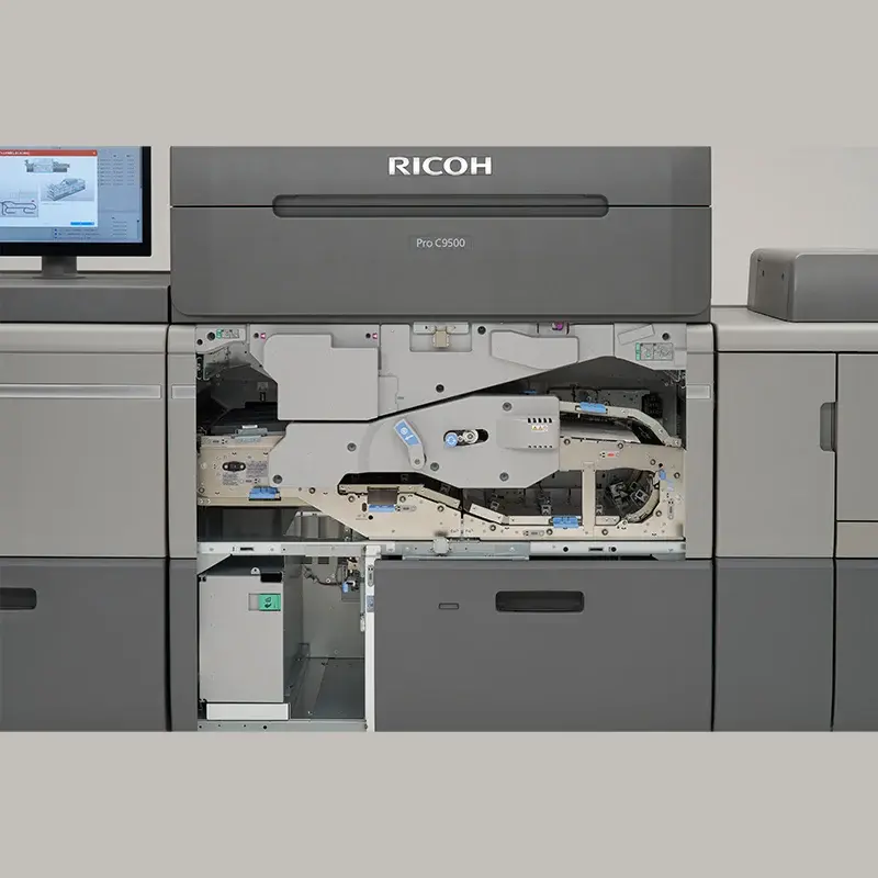 Pro C9500 open paper-path mechanism, shown for oversized media handling