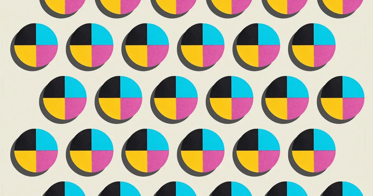 Repeated CMYK circular registration/colour motifs, wide crop