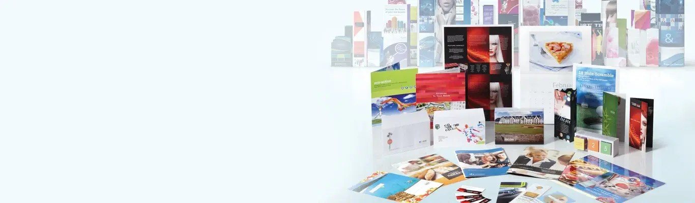 Assorted continuous-feed print samples, mailers and collateral