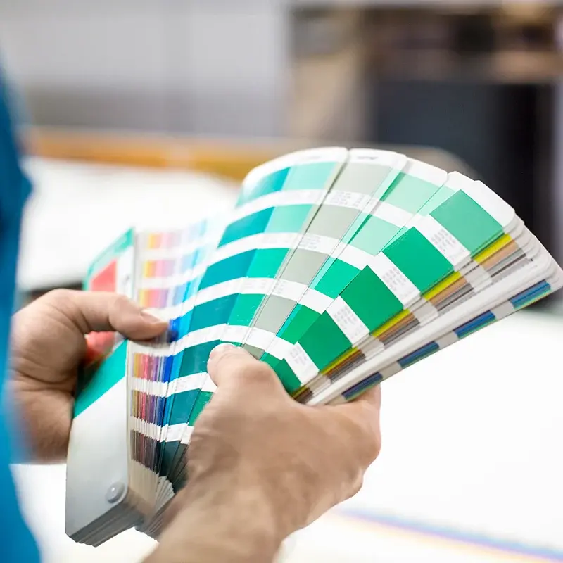Hands holding a printed colour swatch fan