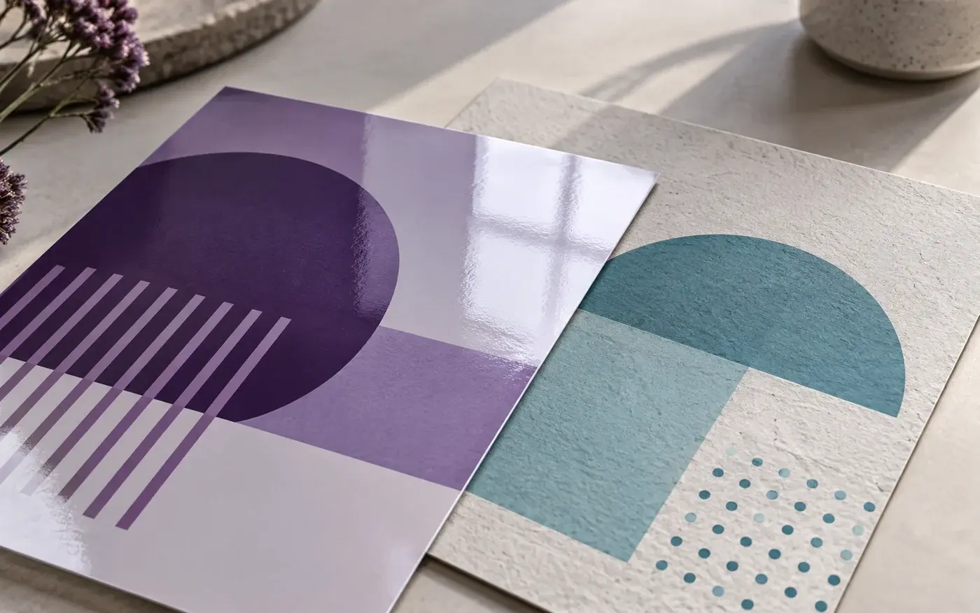 Illustration: Glossy coated cover and textured uncoated paper samples.