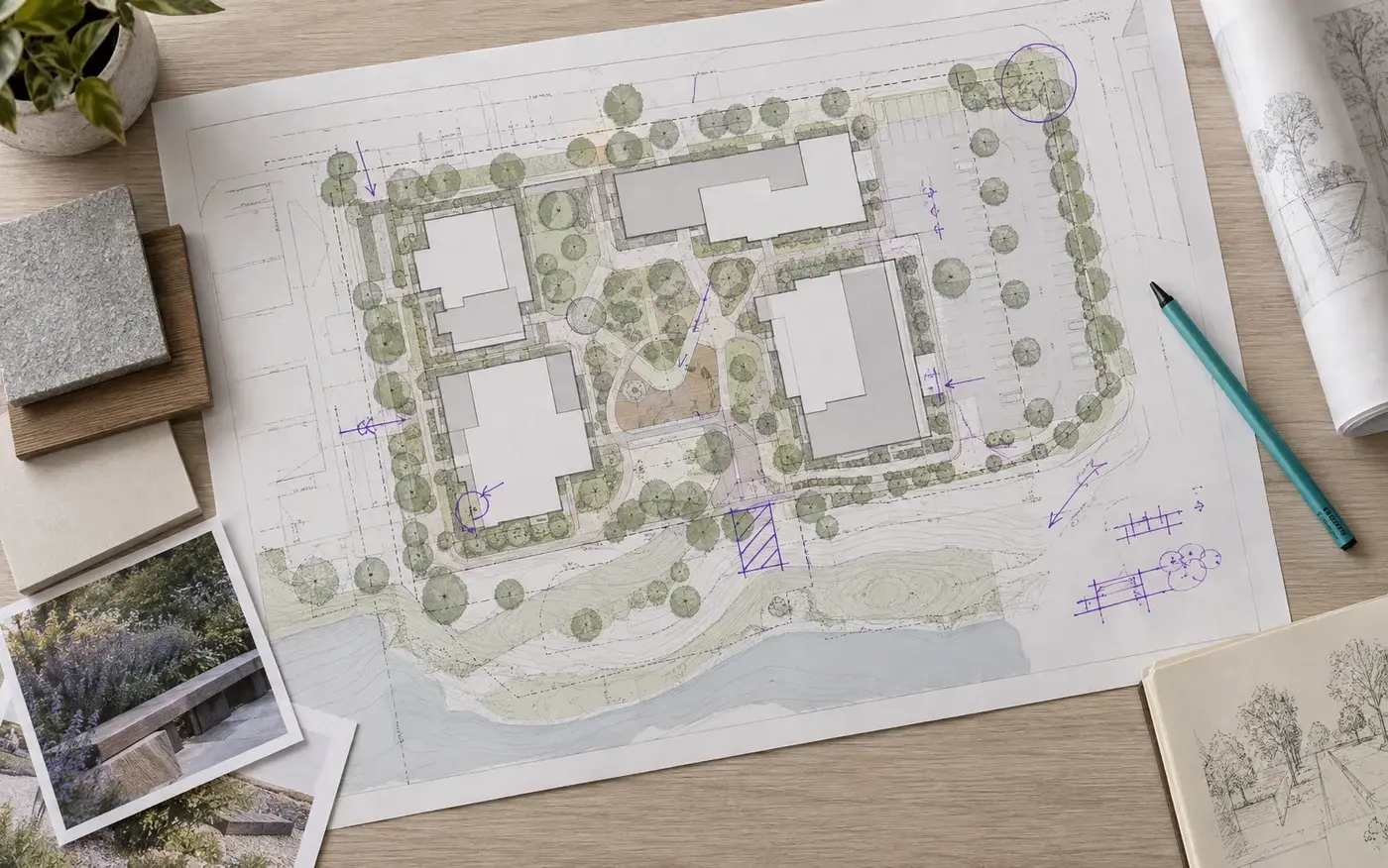 Illustration: Architectural site plan with handwritten review marks.