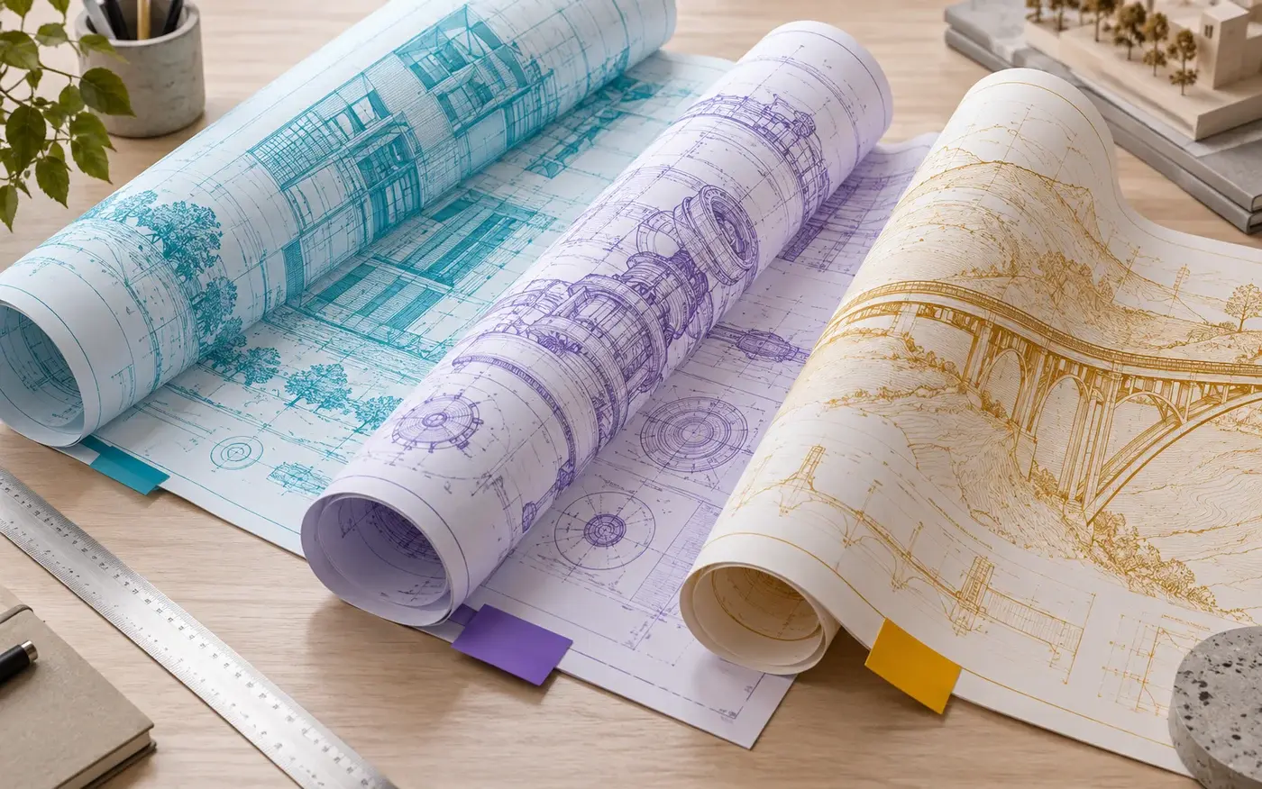 Illustration: Colour CAD drawing rolls with revision markers.