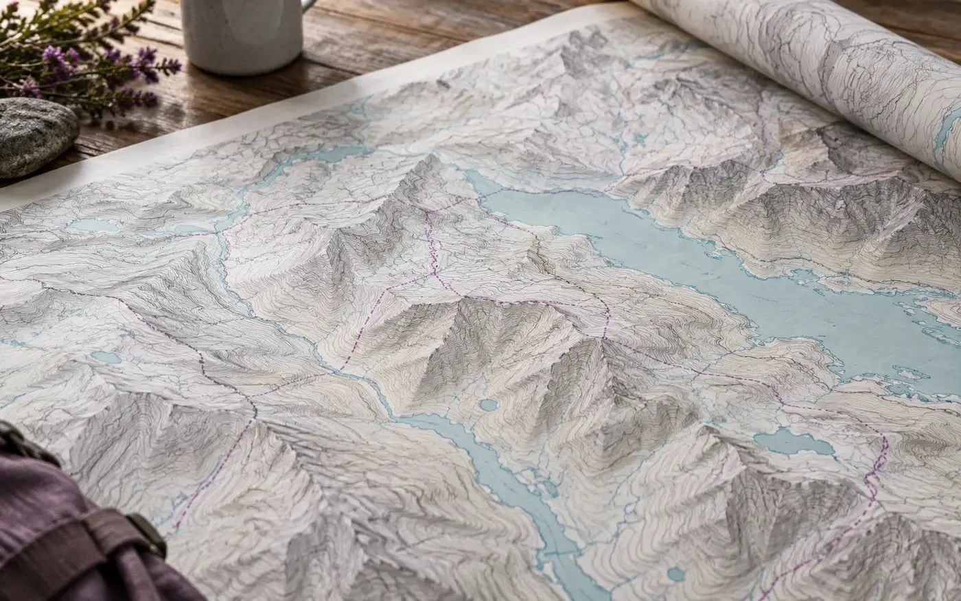 Illustration: Topographic map print showing contour and waterway detail.