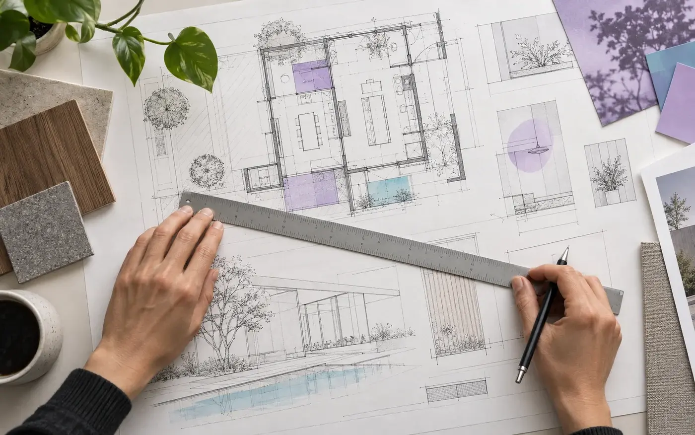 Illustration: Hands checking a technical drawing with a ruler.