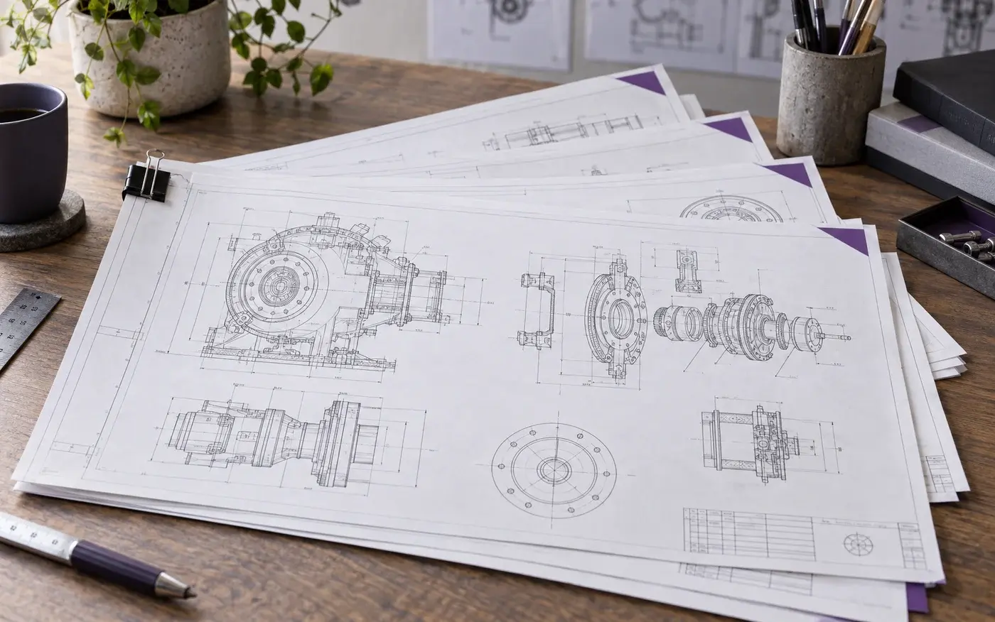 Illustration: Organised set of engineering drawings.