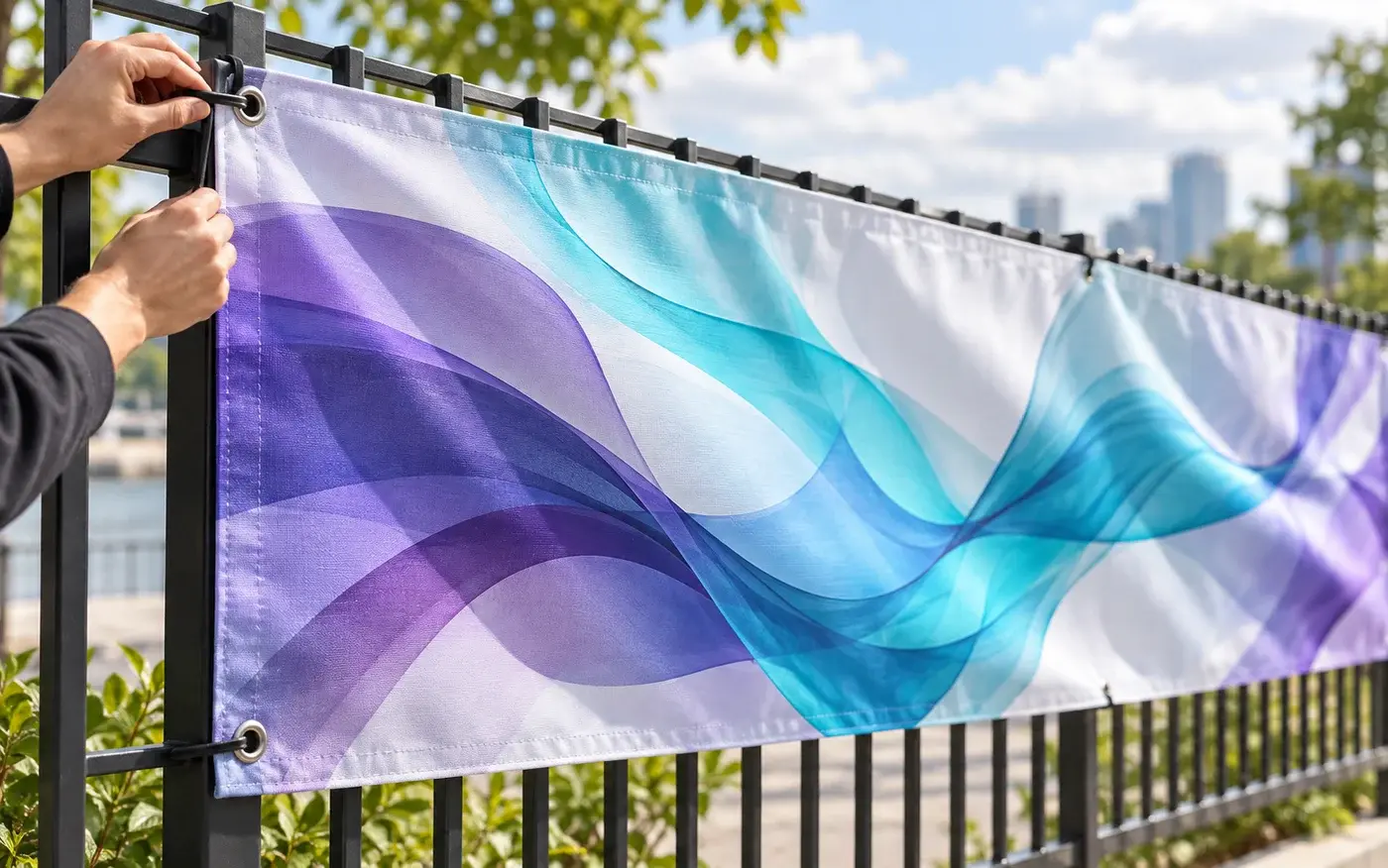 Illustration: Illustrative printed outdoor banner installation.