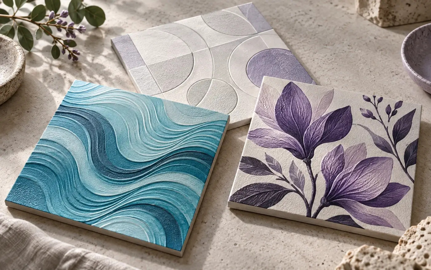 Illustration: Textured decorative board samples with different printed patterns.