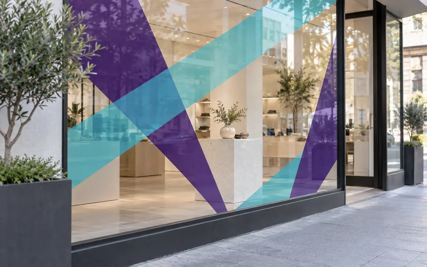 Illustration: Retail window decal installed on shopfront glass.