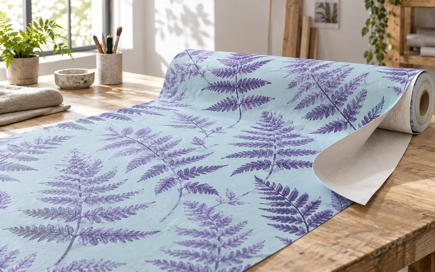 Illustration: Patterned wallcovering roll on a workbench.
