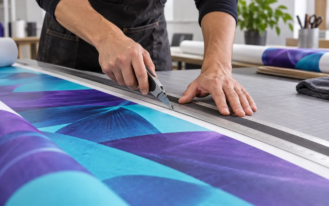 Illustration: Technician trimming a printed banner with a straightedge.