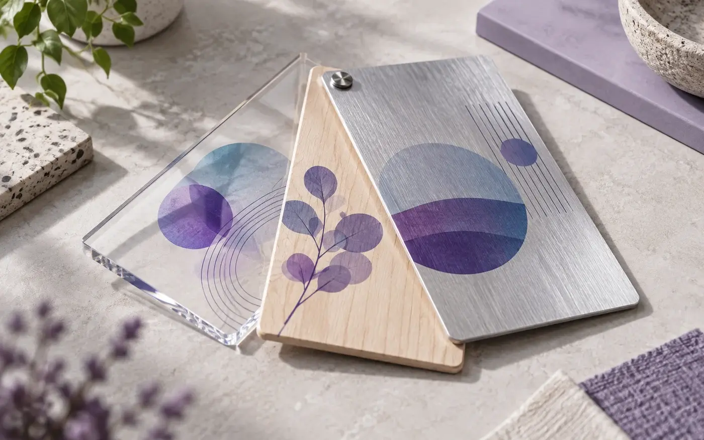Illustration: Acrylic, timber and aluminium printed material samples.