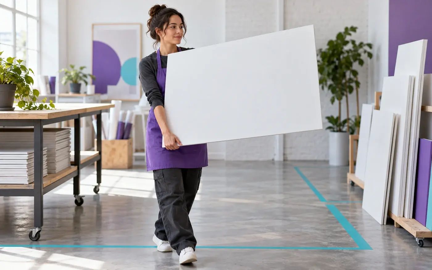 Illustration: Worker carrying a blank rigid panel in a studio.
