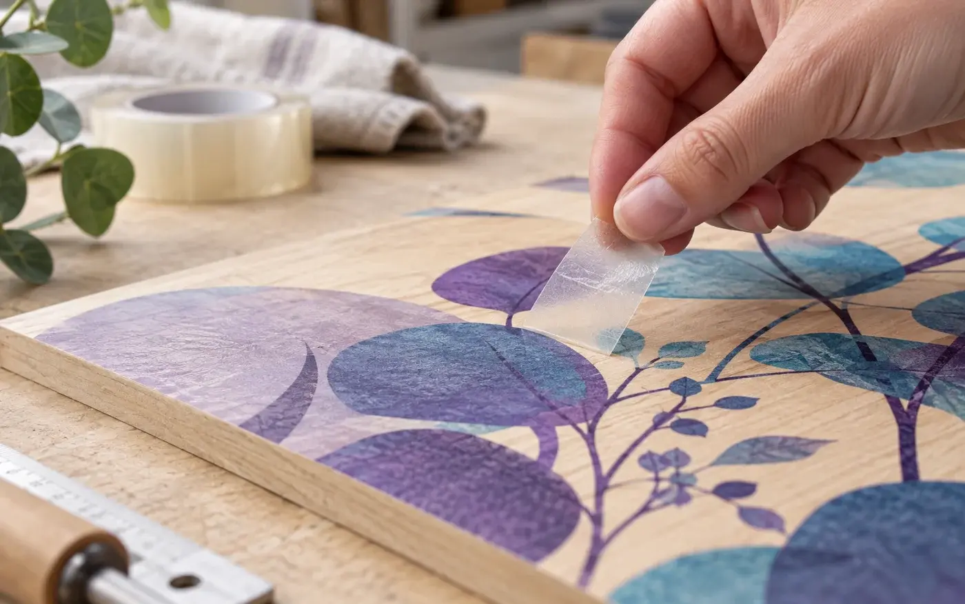 Illustration: Illustrative tape adhesion check on a printed timber surface.