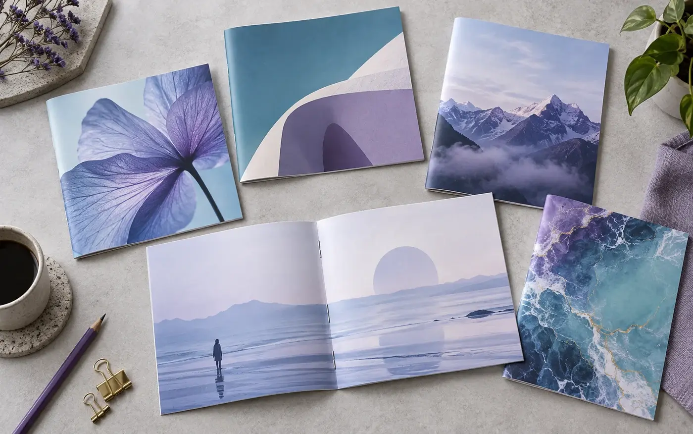 Illustration: Portrait and landscape stapled booklets.
