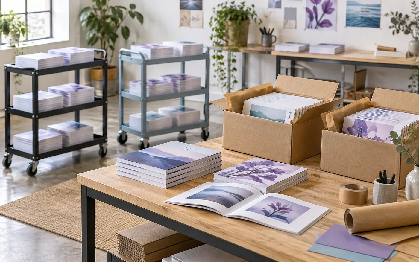 Illustration: Print-finishing workspace with carts and boxed completed books.