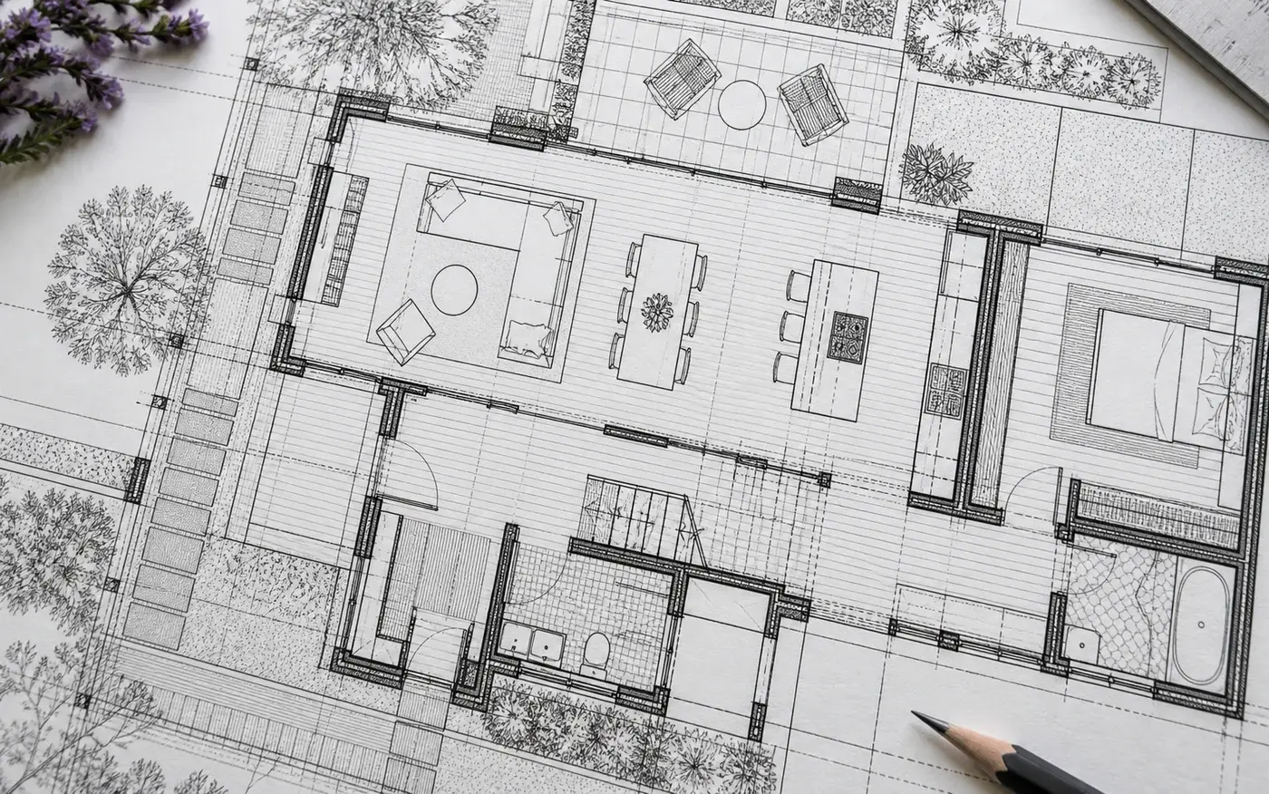 Illustration: Fine-line detail on a monochrome architectural drawing.