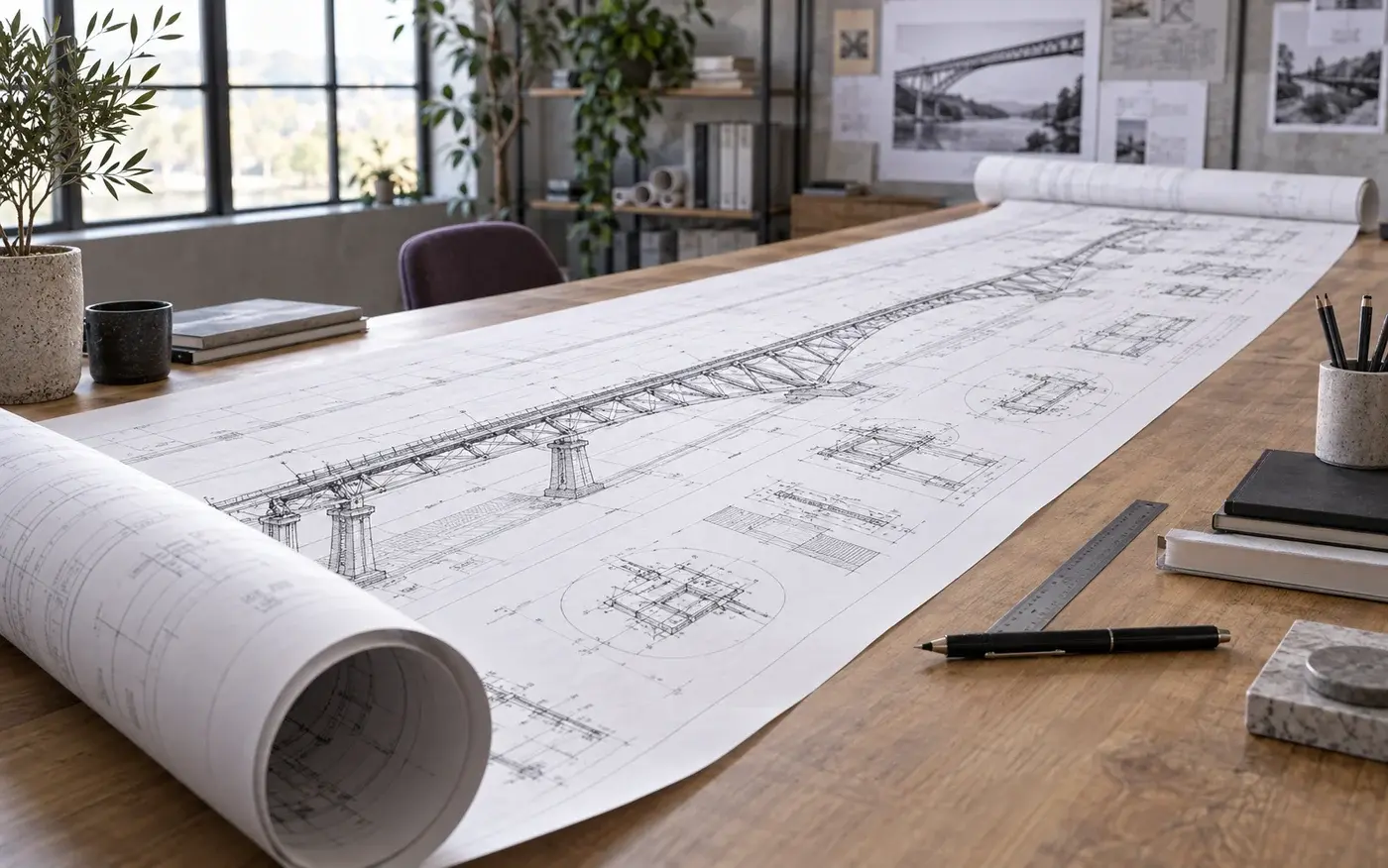 Illustration: Long engineering drawing unrolled across a drafting table.