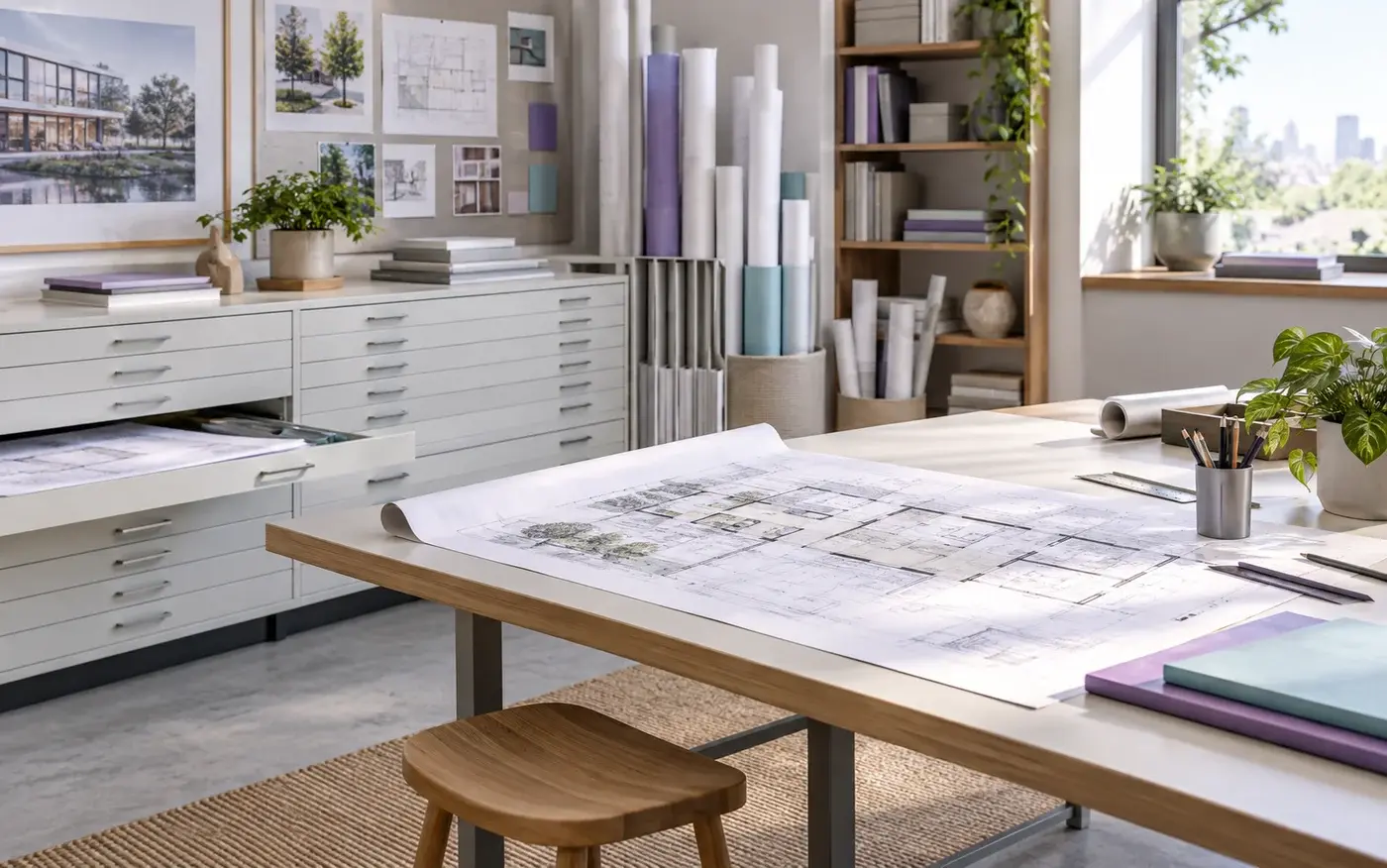 Illustration: Drawing-room plan storage and large-sheet handling workspace.
