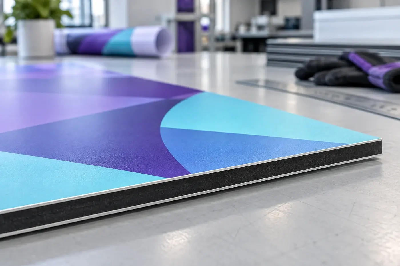 Illustration: Close-up of a thick printed aluminium-composite panel showing the printed surface and layered edge.