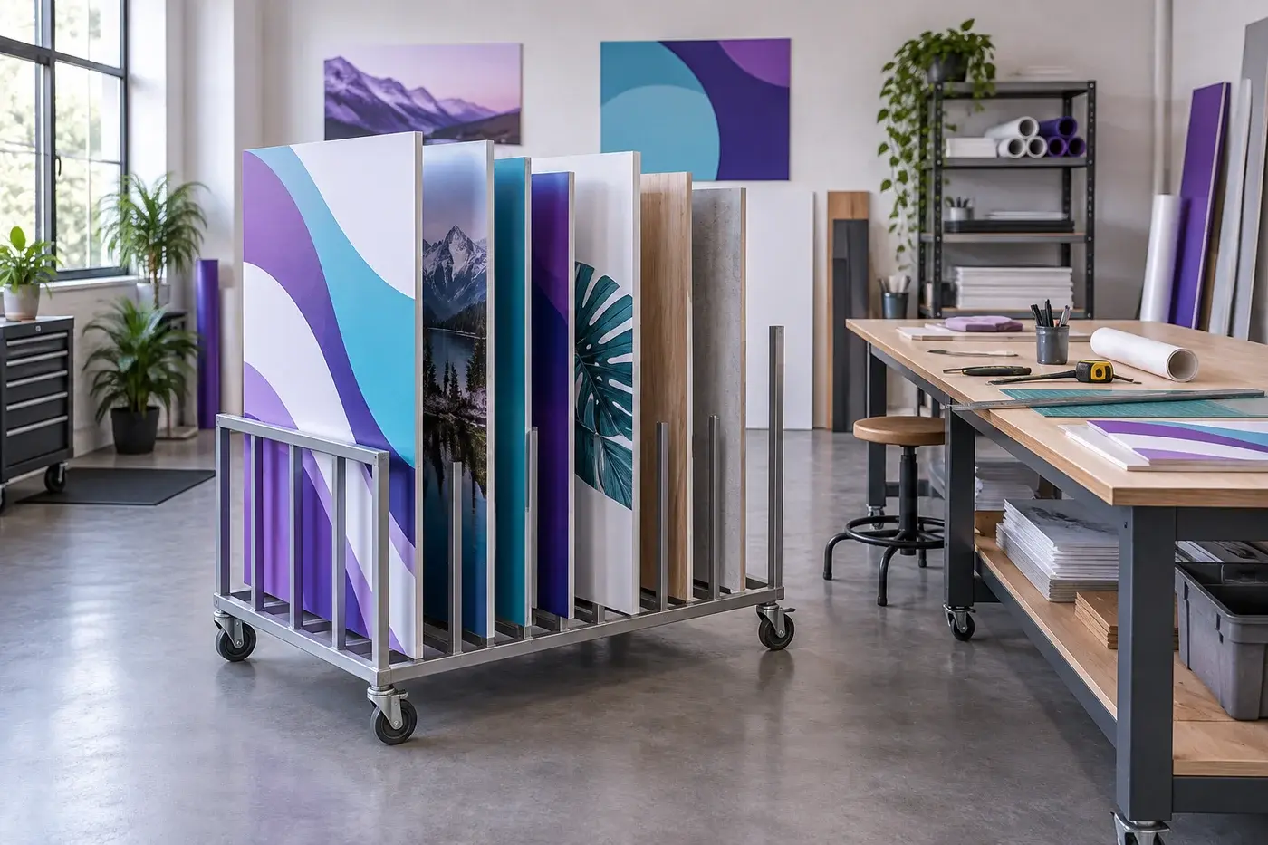 Illustration: An organised rigid-panel storage cart beside a tidy print-finishing workbench.