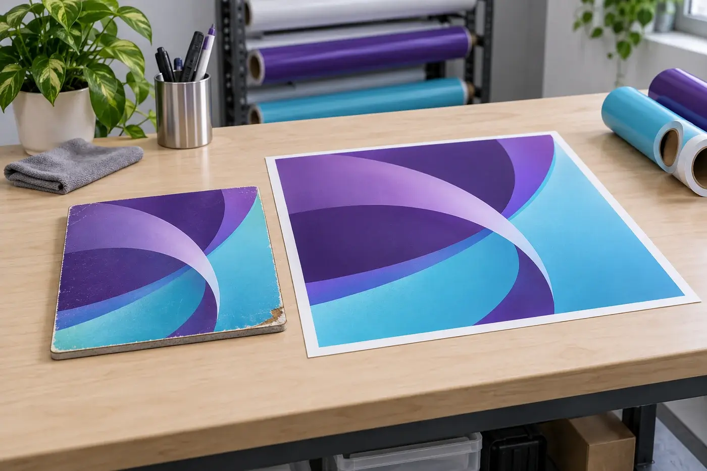 Illustration: A new signage proof beside an earlier graphic sample used as a colour reference.