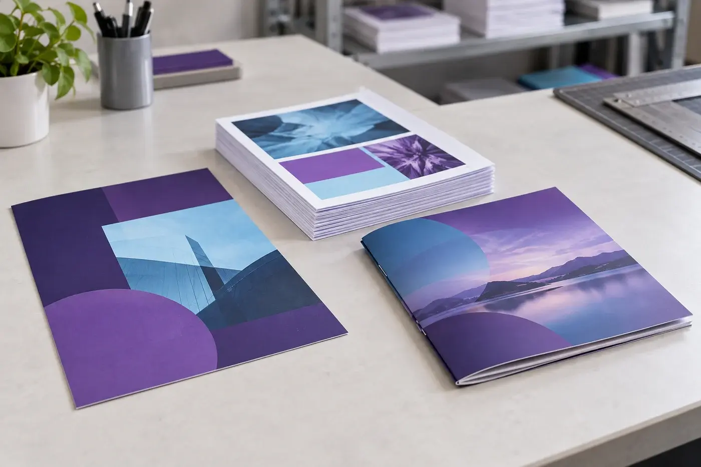 Illustration: Separate cover and internal sheets beside a completed stitched booklet.