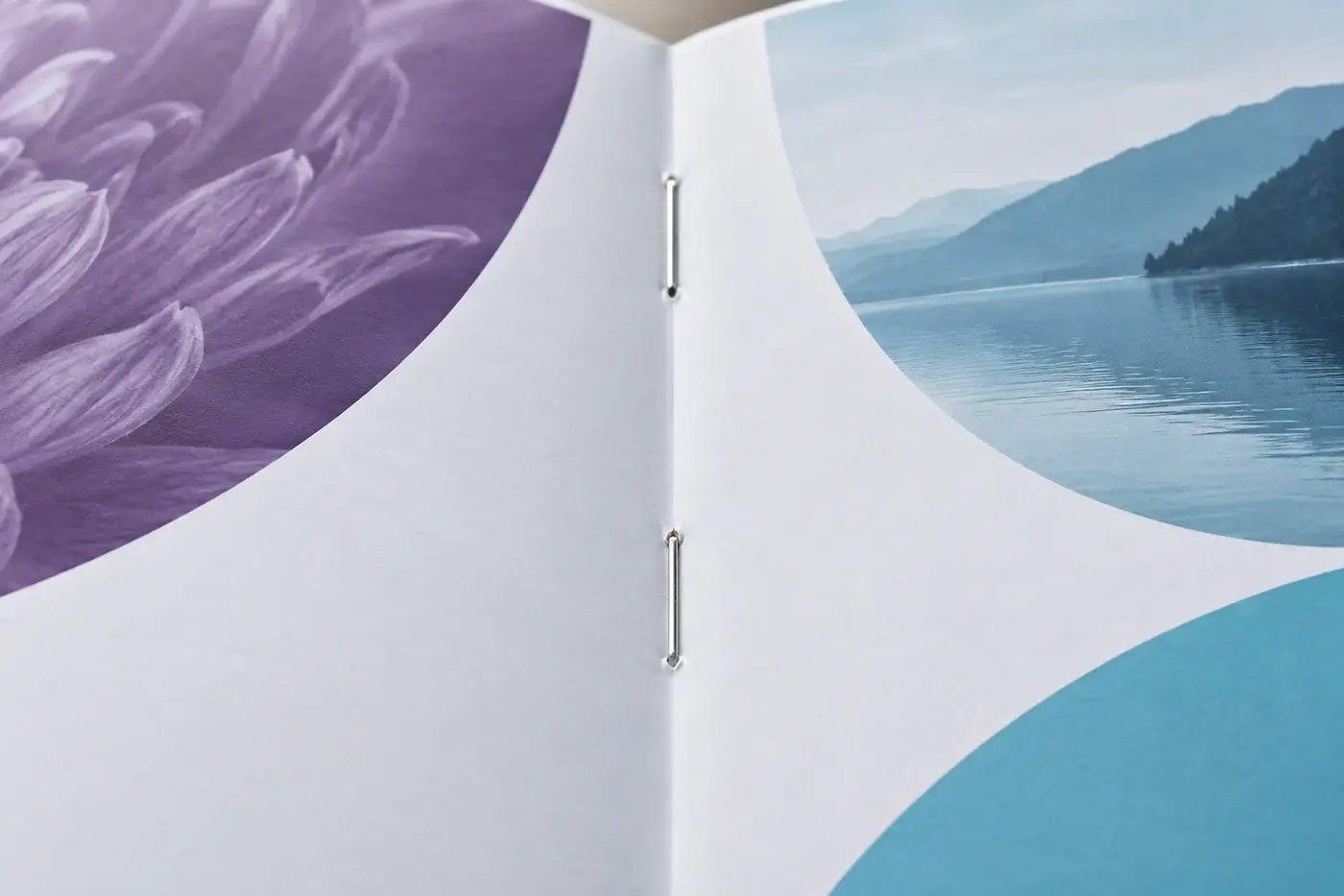 Illustration: Close-up of two staples along the centre fold of an open booklet.