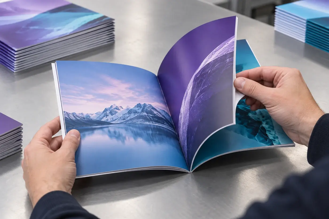 Illustration: Hands inspecting the fold, trim and page sequence of a finished colour booklet.