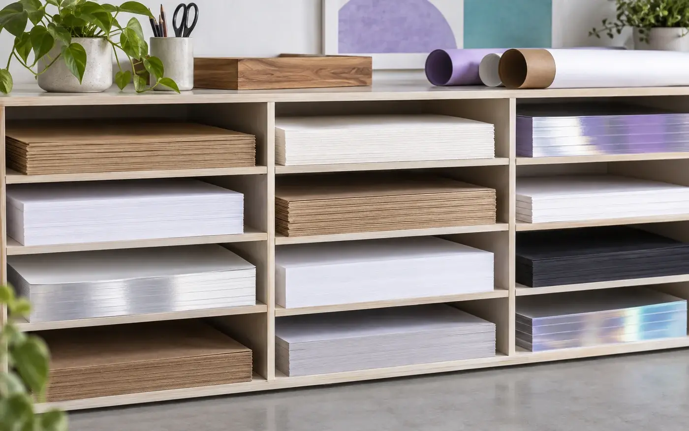 Illustration: Mixed paper stocks organised on a production supply shelf.