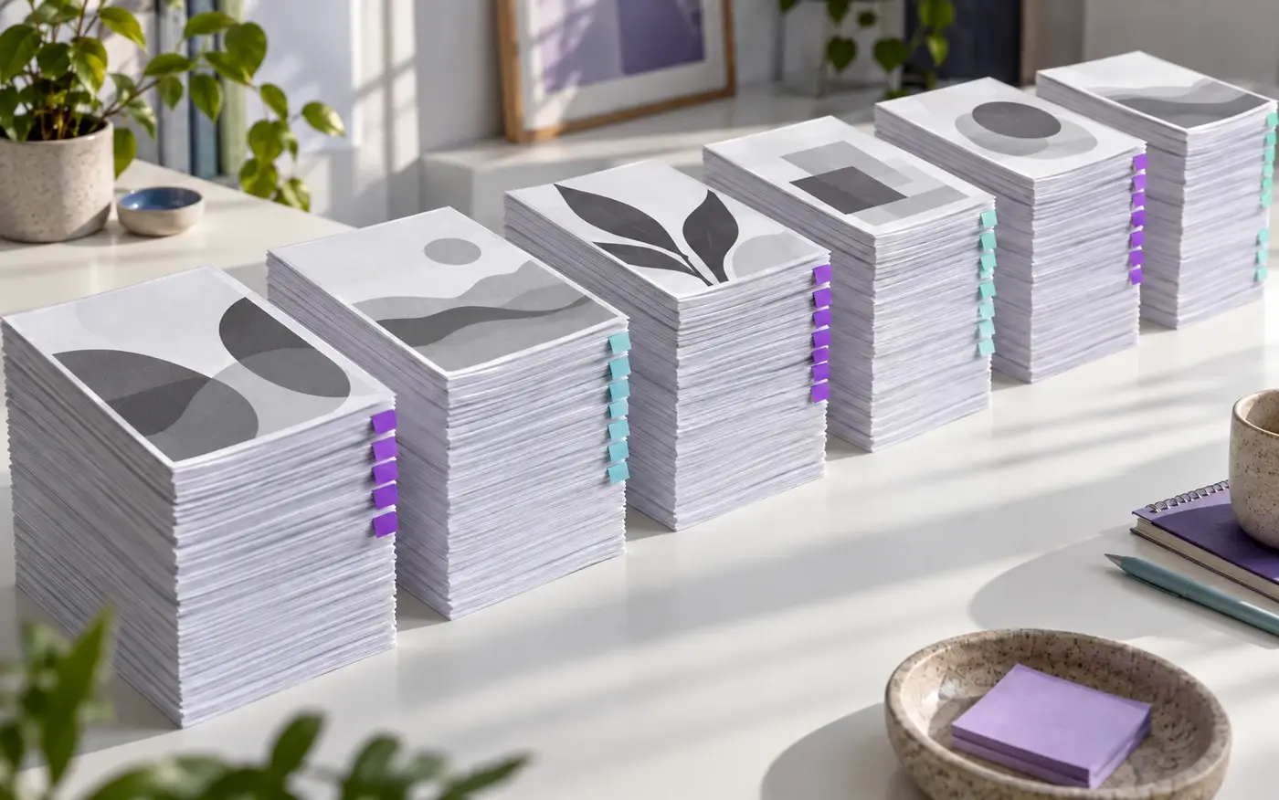 Illustration: monochrome printed booklet covers with coloured physical indexing tabs