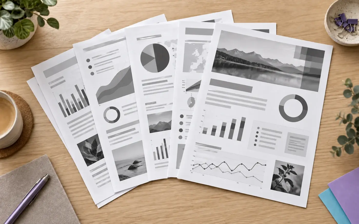 Illustration: black-and-white reports with grayscale charts on a natural wooden desk