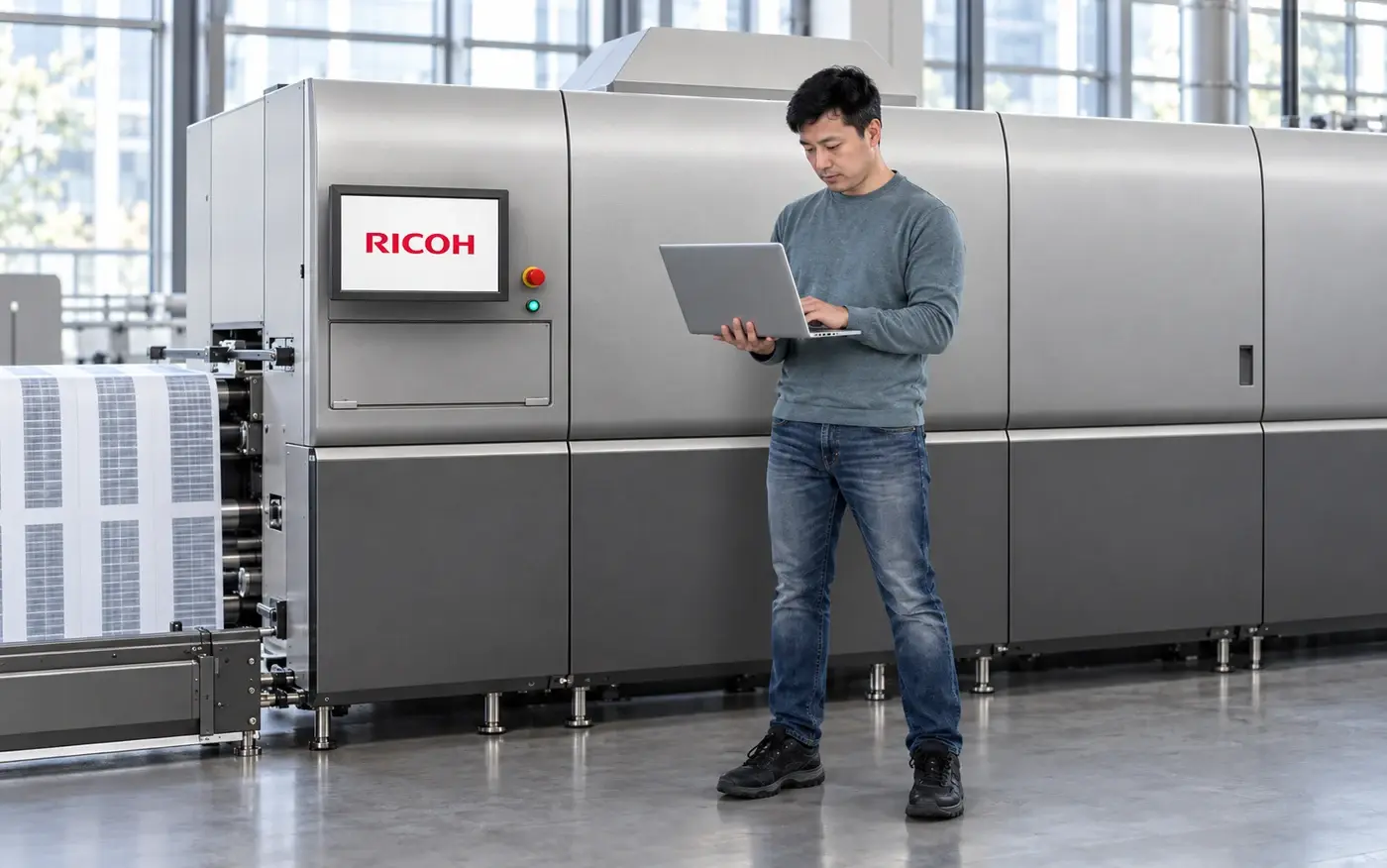 Illustration: operator using a laptop beside a continuous-feed press, based on the VC60000 reference