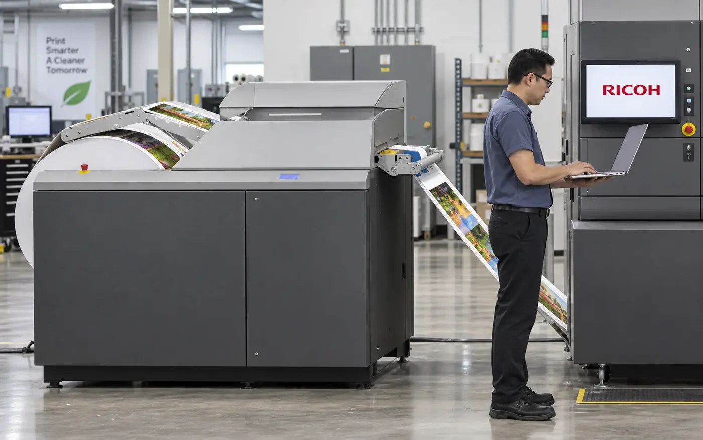 Illustration: operator and laptop beside a continuous-feed paper path, based on the VC70000 reference