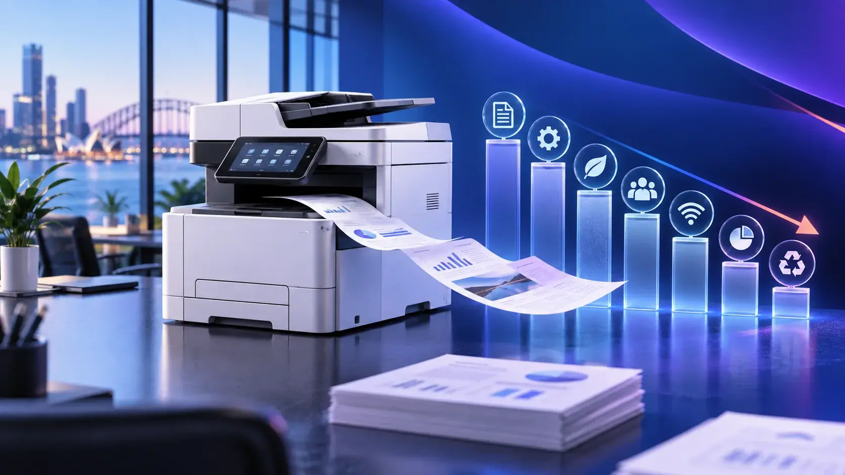 Illustration of a printer with document workflow and efficiency graphics