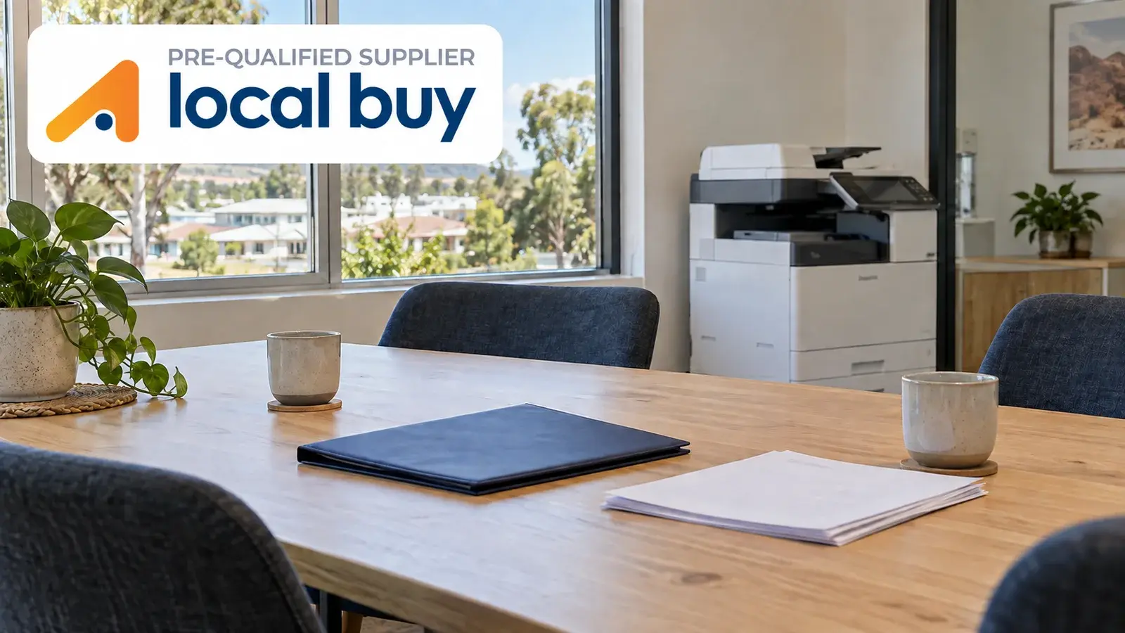 Local Buy pre-qualified supplier badge above a naturally lit office with a meeting table and multifunction printer