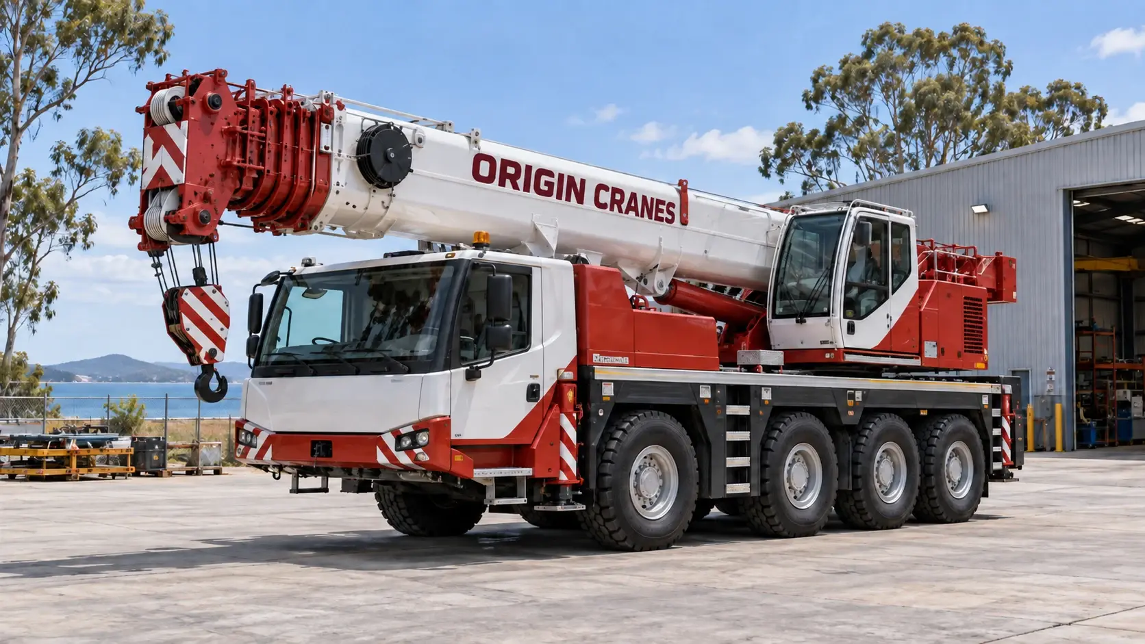 Illustration of a red and white mobile crane with Origin Cranes lettering in a Queensland industrial yard