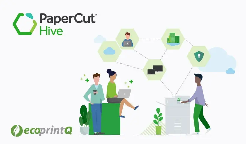 PaperCut Hive cloud printing illustration with ecoprintQ branding