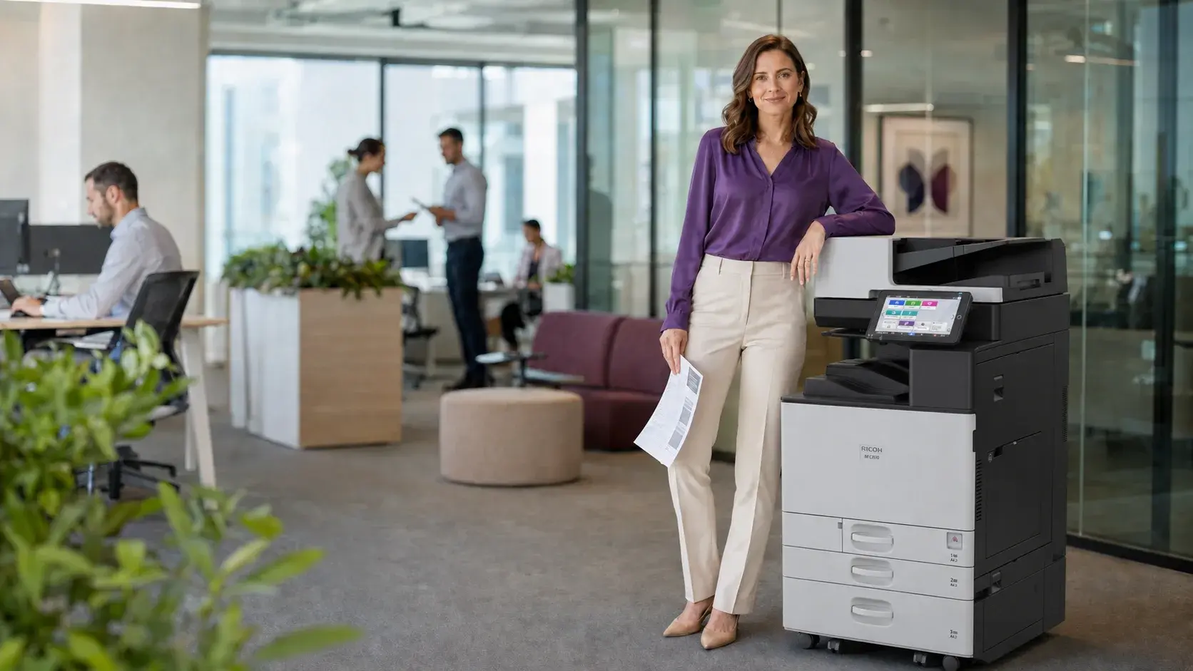 Office worker beside a Ricoh multifunction printer