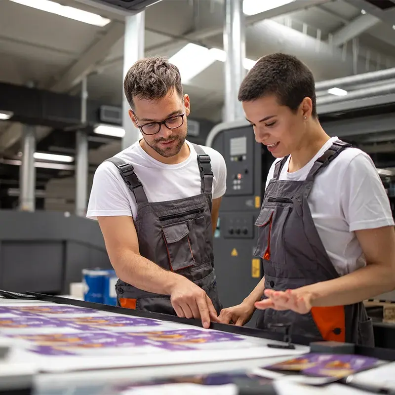 Two print-room workers checking a print sample